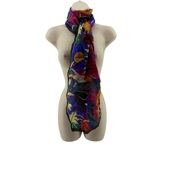 Vintage Mamudpur 80s Rainbow Jungle Silk Scarf Elephant Big Cat Floral Full Moon - Picture 1 of 5